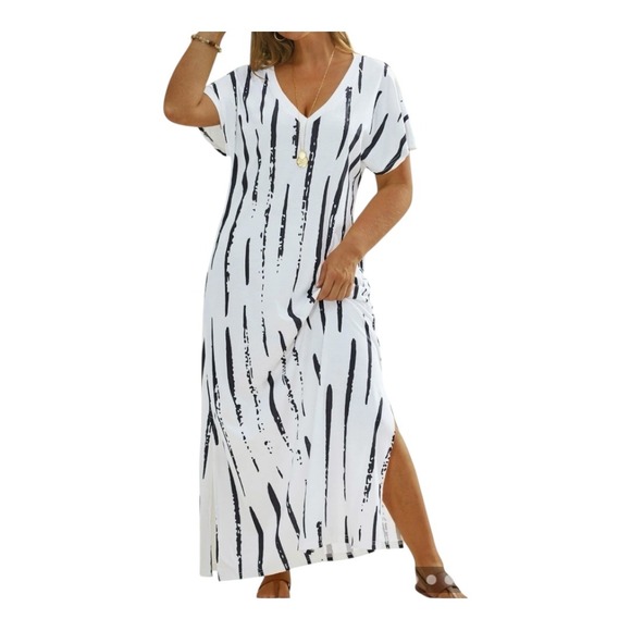 Noracora Maxi Dress White Black V Neck Short Sleeve Beach Casual Size Medium NWT - Picture 4 of 13